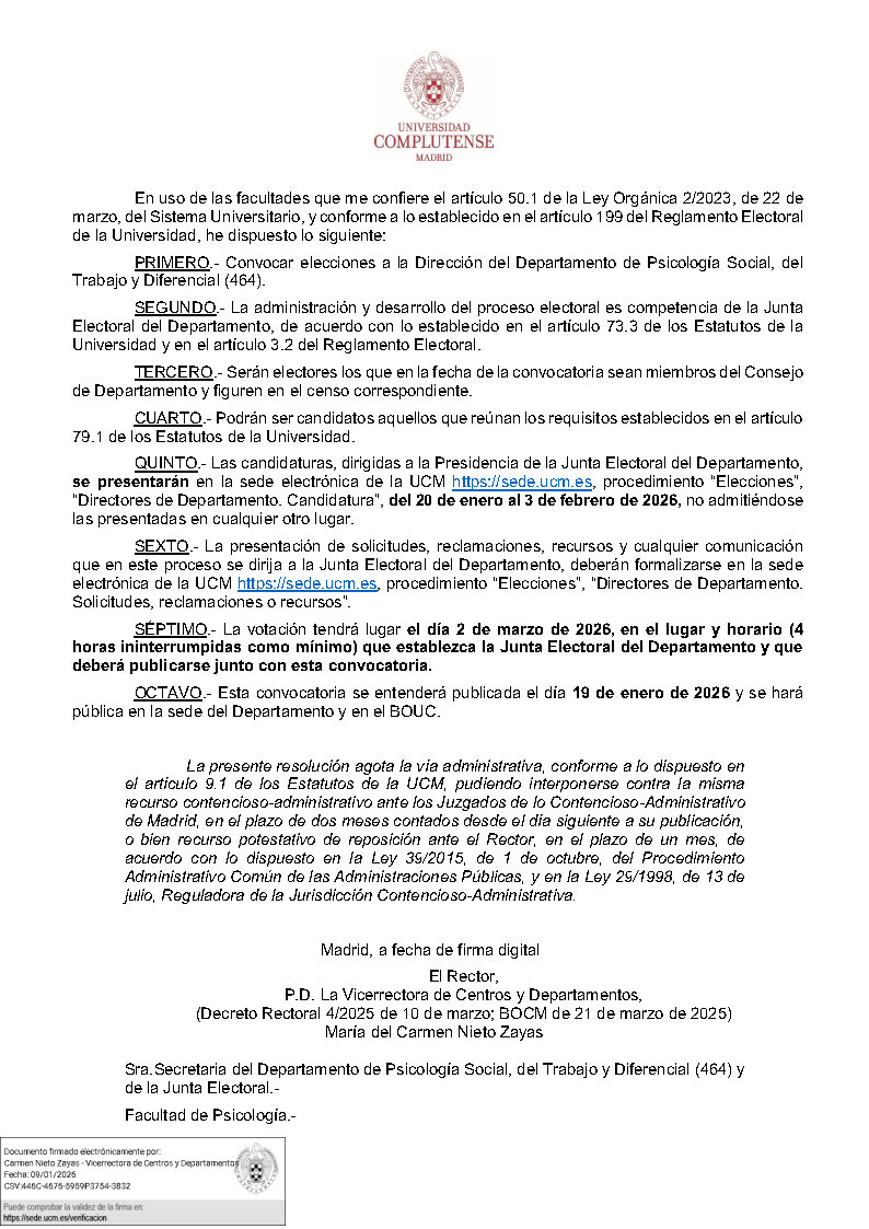 CONVOCATORIA ELECCIONES DIRECCIÓN DE DEPARTAMENTO